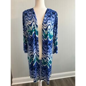 Chico’s Travelers Open Front Top Long Line Blue Green Casual Coastal  Size 2/ L